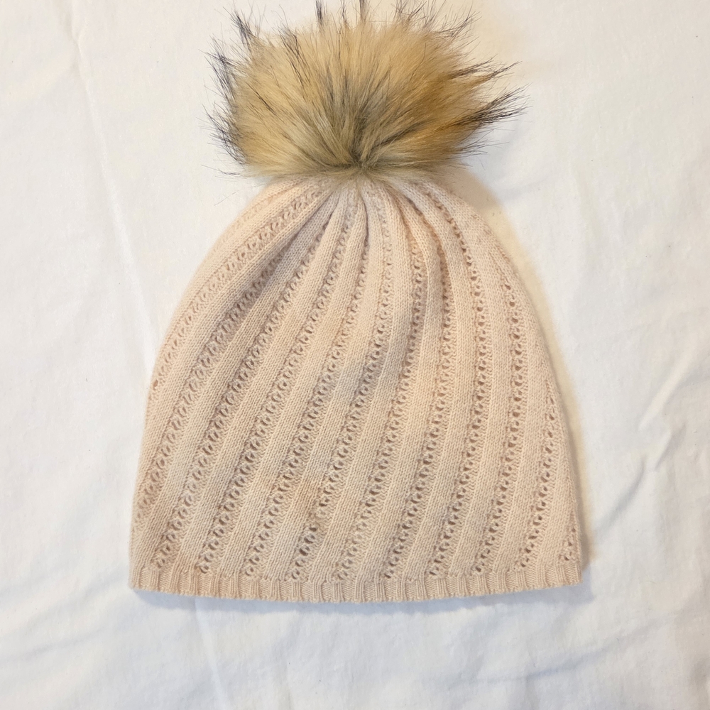 Garnet Hill Cashmere Knit Hat with Faux Fur Pom